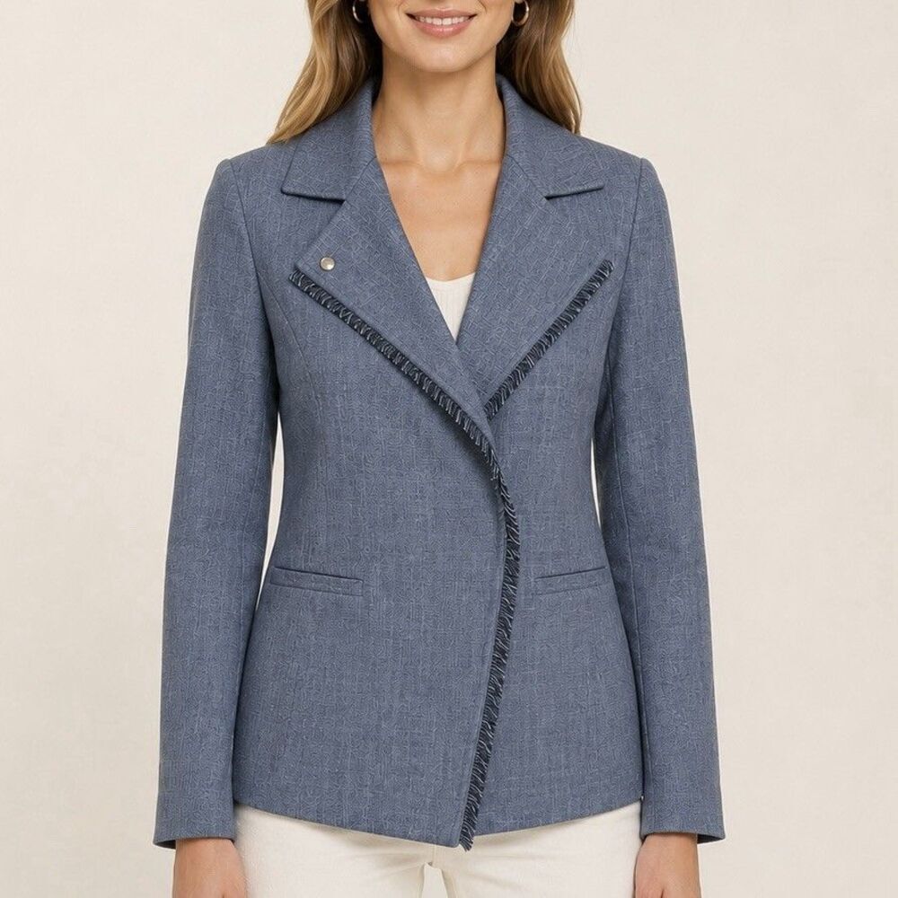 Banana Republic Blazer Womens 4 Petite Blue Fringe Trim Asymmetrical Jacket